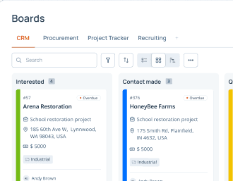 CRM board tracking leads from interested to quote sent