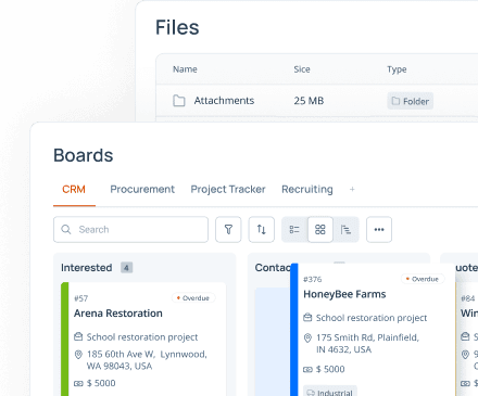 Project files list above a CRM board
