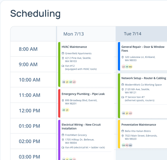 Drag-and-drop scheduling board with technicians and time slots