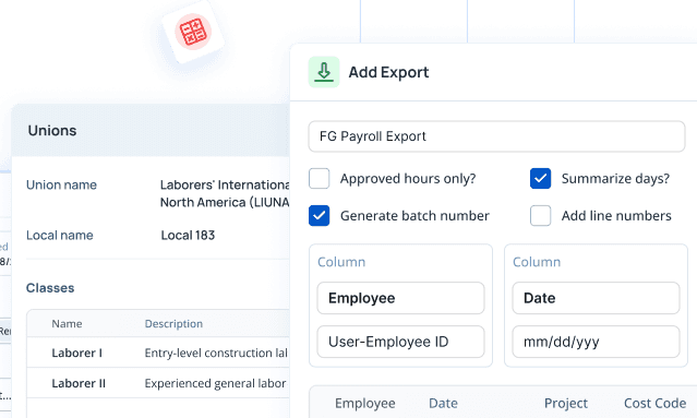 Union and division settings next to a payroll export builder