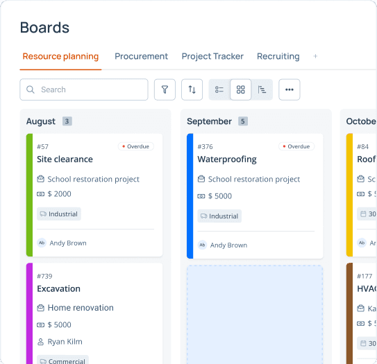 Project board with jobs grouped by month, budgets and assignees