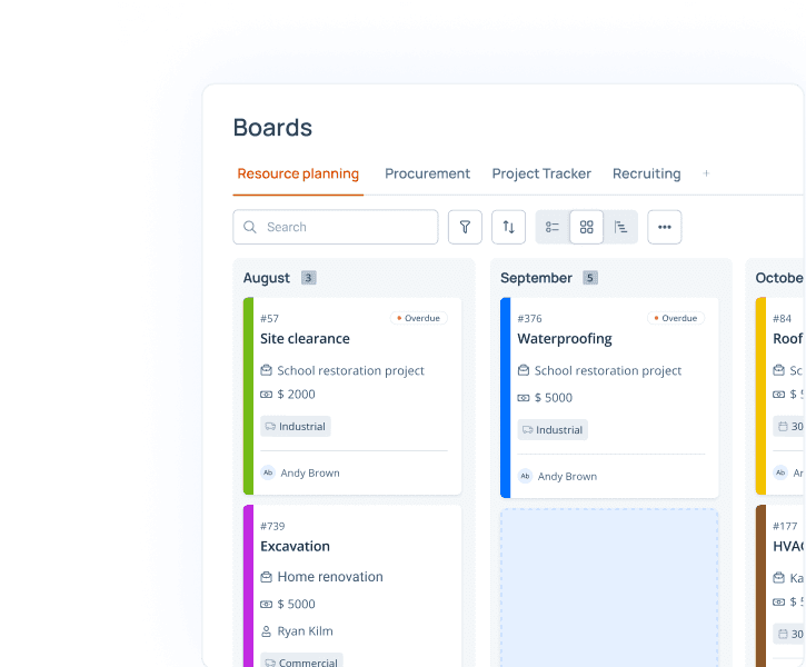 Project board with jobs grouped by month, budgets and assignees