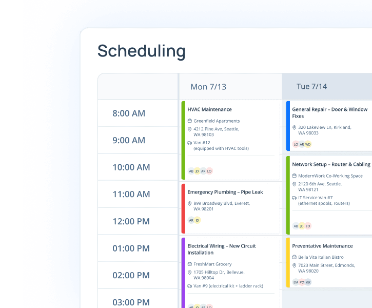 Drag-and-drop scheduling board with technicians and time slots